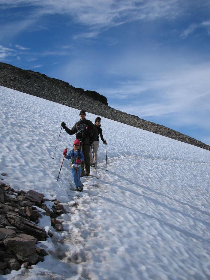 Crossing the snow field. Crossing the snow field.